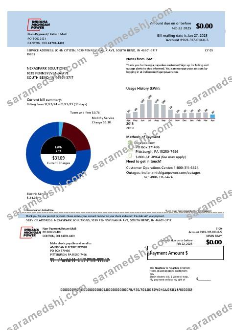 USA Michigan electricity business utility bill template in Word and PDF formats